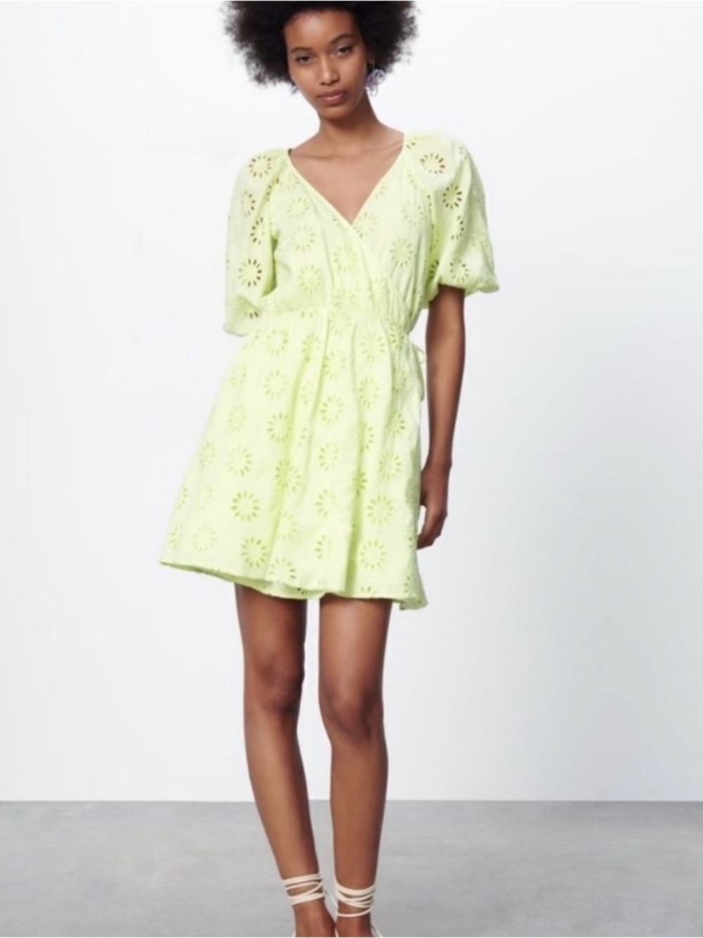 Zara Light Green Eyelet Wrap Mini Dress